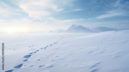 A pristine snowscape, with animal tracks meandering towards the horizon.