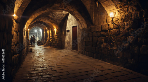 a cobblestone tunnel in an ancient European city, misty and dimly lit, gas lamps glowing