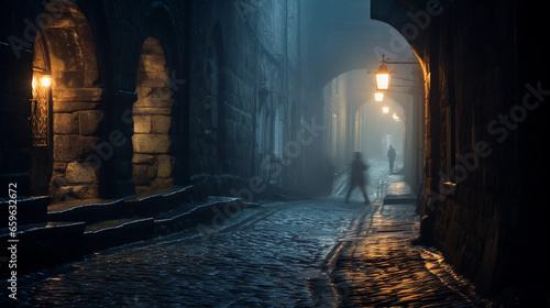 a cobblestone tunnel in an ancient European city, misty and dimly lit, gas lamps glowing © Gia