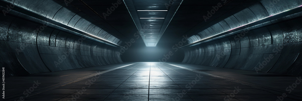 secret government tunnel, illuminated with fluorescent lights, heavy steel doors, ominous atmosphere - obrazy, fototapety, plakaty 