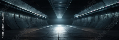 secret government tunnel, illuminated with fluorescent lights, heavy steel doors, ominous atmosphere photo