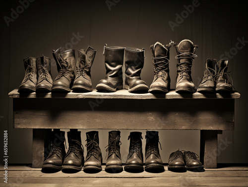 a collection of five vintage leather boots, arranged in descending size on a rustic wooden shelf, moody lighting