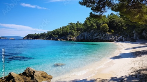 A secluded cove with golden sands and crystal-clear waters.