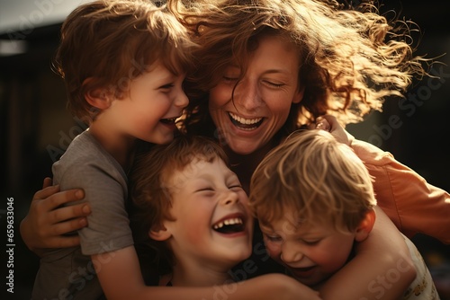 a woman is hugging three children and laughing