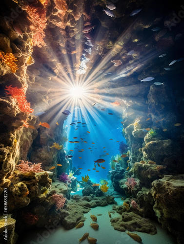 underwater tunnel teeming with colorful coral reefs and exotic fish, sun rays filtering through the water