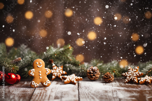 A gingerbread man on a snow-covered wooden table surrounded by Christmas tree branches and holiday paraphernalia on a blurred background with snowflakes and colored bokeh.
