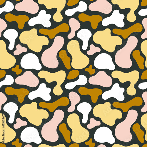 Abstract seamless pattern, imitation of animal skin print with mustard, beige, yellow and white spots on a dark gray background. Vector illustration. For wrapping, backgrounds, textile.