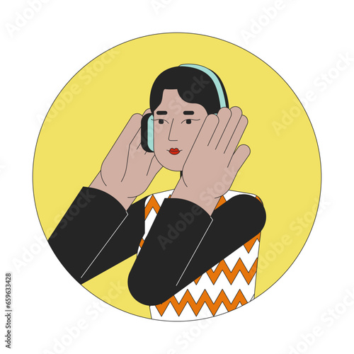Headphones middle eastern woman 2D line vector avatar illustration. Happy melomaniac arab girl outline cartoon character face. Podcast listening, enjoying music flat color user profile image isolated