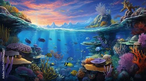 A serene coral reef teeming with vibrant marine life beneath clear waters.