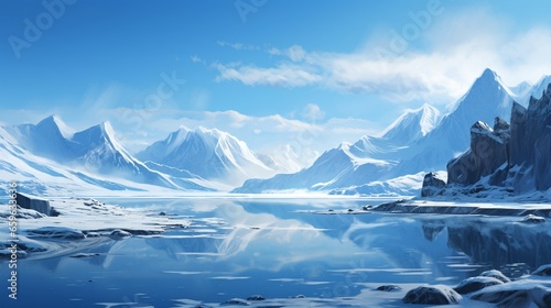 A serene glacial landscape, with pristine snowfields meeting azure skies. photo