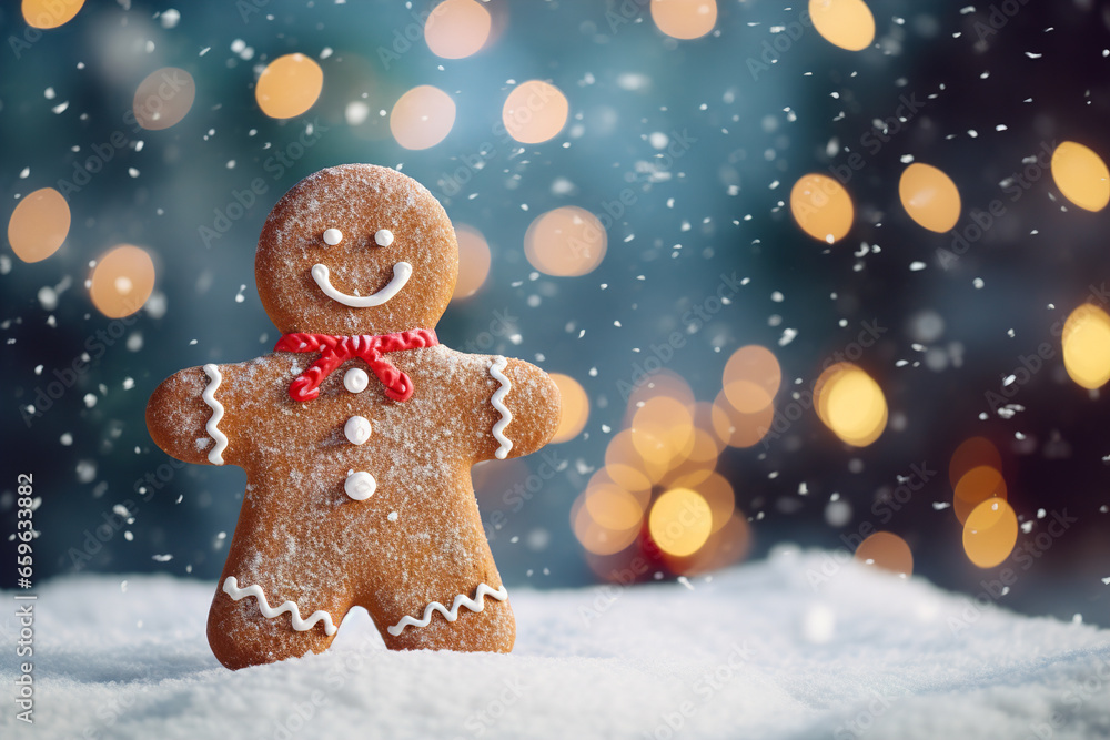 Concept gingerbread man standing on a snowy surface against a blurred background with colored bokeh.