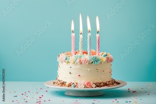 birthday cake with 4 four candles on pastel blue background