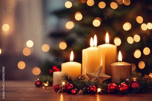 cozy atmospheric blurred background for christmas with candles