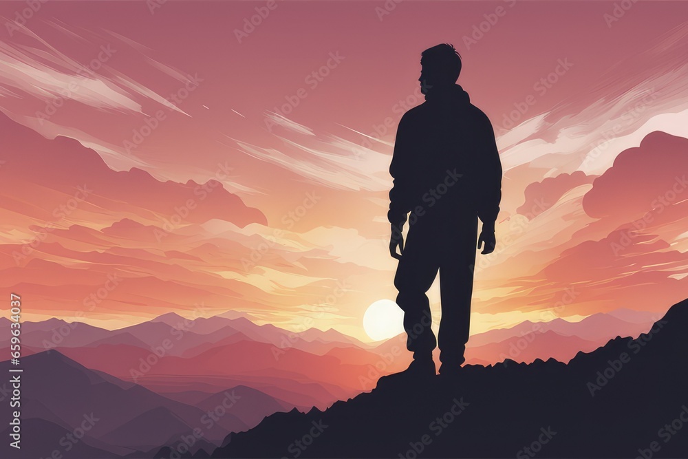 sunset man silhouette on mountain top realistic background with sunset light in clouds and sky