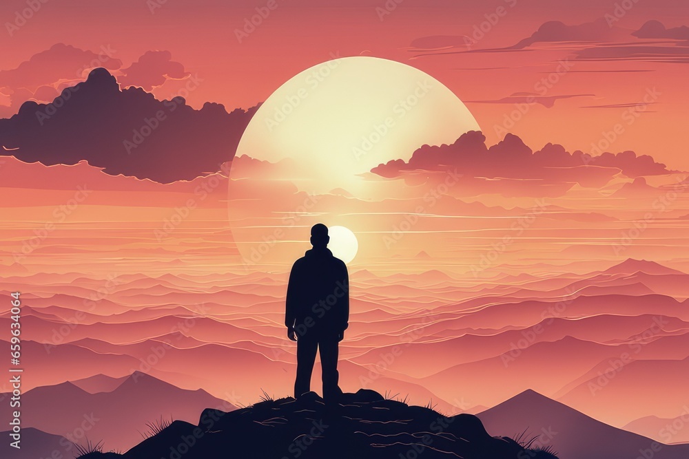 sunset man silhouette on mountain top realistic background with sunset light in clouds and sky sunset man silhouette on mountain top realistic background with sunset light in clouds and sky