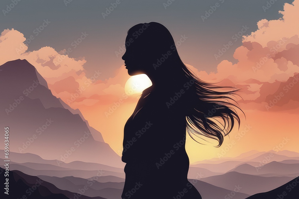 sunset woman silhouette on mountain realistic background with sun light in sky clouds sky