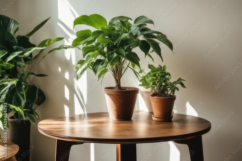 Fototapeta premium wooden table with a potted plant in front of the wall is accompanied by natural light from the sunshine
