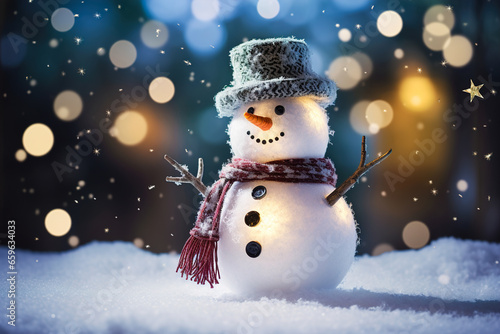 Funny snowman with a hat and scarf stands under the snow on a blurred background of snowflakes and bokeh lights. A beautiful view for a Christmas card.