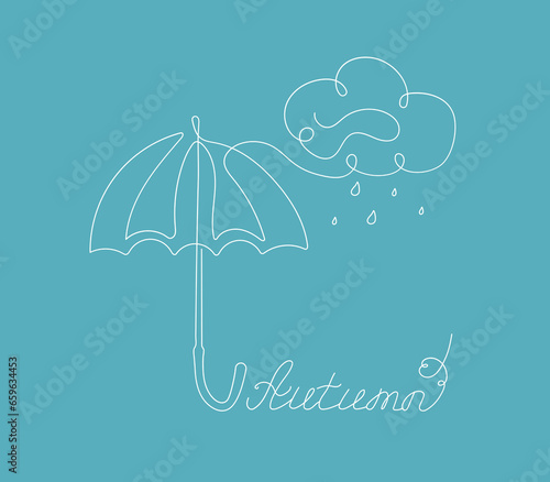 Umbrella line art. Cloud, cloud, rain. Autumn banner. Calligraphy lettering. Autumn season, rainy weather. Contour vector drawing isolated background.
