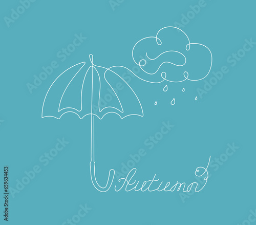 Umbrella line art. Cloud, cloud, rain. Autumn banner. Calligraphy lettering. Autumn season, rainy weather. Contour vector drawing  isolated background.