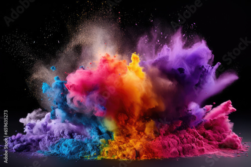 Cosmetic professional makeup brushes and brushes with colorful explosion powders in motion isolated. © Bnetto