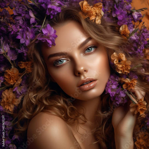 Beautiful white girl with flowers. Stunning brunette girl with big bouquet purple flowers. Closeup face of young beautiful woman with a healthy clean skin. Pretty woman with bright golden  makeup