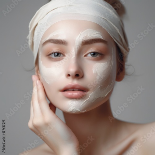 Beautiful young woman with cosmetic mask on her face. Skincare. Portrait of beautiful Caucasian woman with facial mask on face. Beauty, skin care concept.