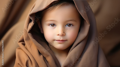 Kid monk in traditional robe, little buddhist monk boy, religion for kids and tradition concept. 