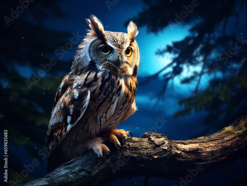 A majestic, nocturnal owl gracefully sits on a branch under the night sky in vintage style.