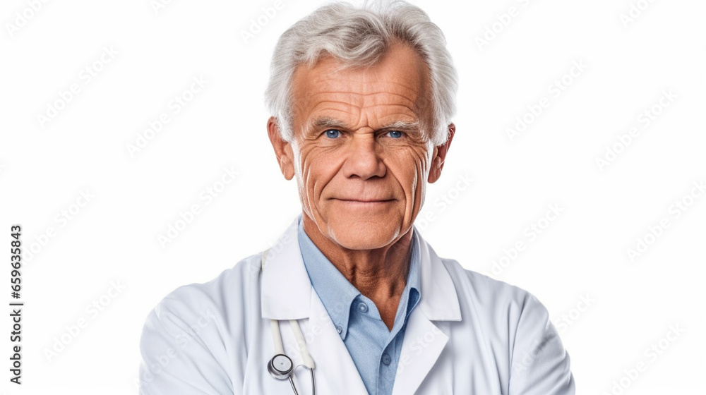 Mature older adult man with gray hair, wearing white doctor's coat, Caucasian, old age and career in medicine, as a doctor or in the hospital, country doctor, professional life Mature older adult man with gray hair, wearing white doctor's coat, Caucasian, old age and career in medicine, as a doctor or in the hospital, country doctor, professional life