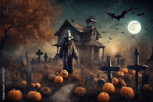 halloween, scarecrow on the path in front of the old house, around the grave and cemetery with pumpkins, mystical forest, flying bats on big full moon background, scary and fabulous, dark magic
