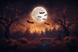 mystical forest on Halloween night, bats on the background of a big full moon in the dark sky, atmospheric and fairytale