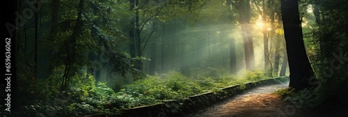 path in the enchanted forest illuminated with sunlight panorama © 7oanna