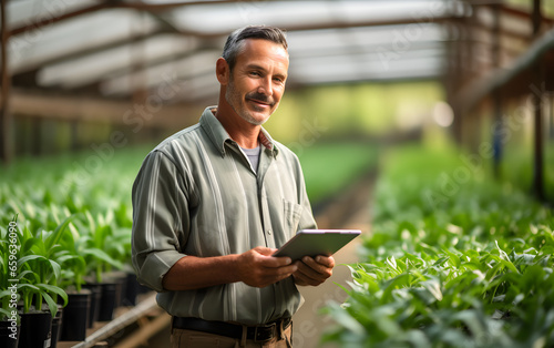 Modern farmer using digital tablet to review harvest 