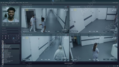 Playback CCTV cameras in modern hospital on computer screen. User interface of surveillance system program and AI facial recognition technology. Security cameras footage. Concept of identification. photo