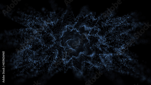 Blue wavy sphere of dots with explosion effect. Abstract noise technology, wave texture or background. Big data visualization. 3D rendering.
