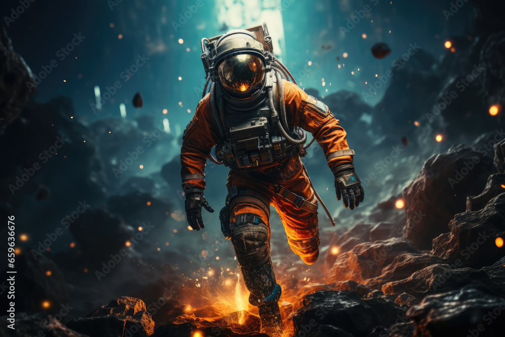 An astronaut in a spacesuit, drifting through a surreal cosmic landscape that blurs the boundaries between parallel dimensions. Concept of cosmic exploration. Generative Ai.
