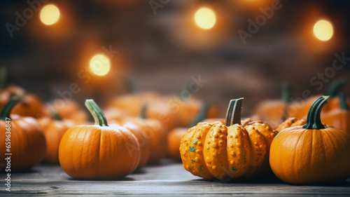 Many Big Lit Orange Pumpkins in an Autumn Market. Autumn Seasonal Background Generated with AI tools.