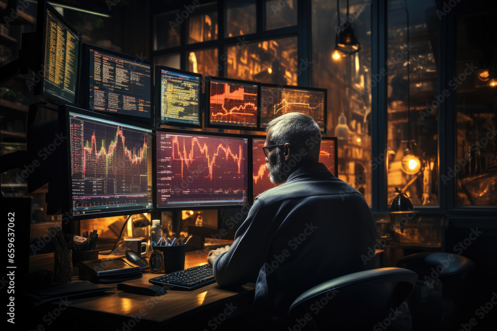 A business owner evaluating market volatility and economic indicators to make informed decisions in uncertain times. Concept of economic risk. Generative Ai. A business owner evaluating market volatility and economic indicators to make informed decisions in uncertain times. Concept of economic risk. Generative Ai.