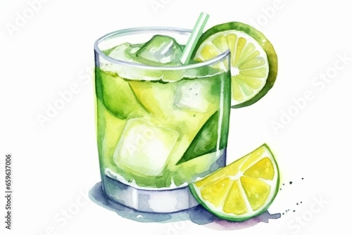 Watercolor margarita drink with lime, isolated on white background. Watercolour cocktail illustration. Generative AI photo