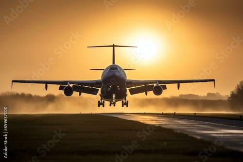 Large aircraft landing at sunrise. Generative AI