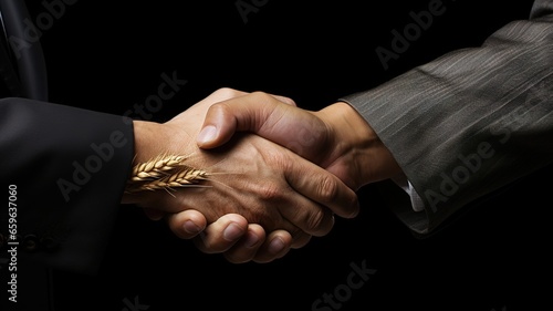 male handshake of businessmen against the background of a grain deal. conclusion of a grain supply deal AI.