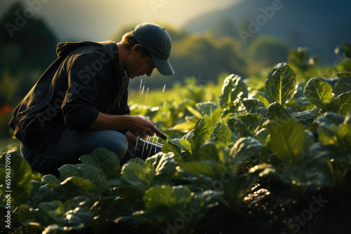 A crop farmer implementing strategies to protect crops from adverse weather conditions and pests. Concept of agricultural risk management. Generative Ai.