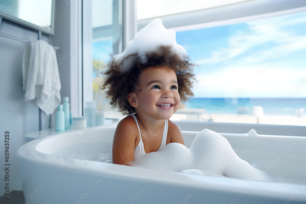 Soap foam, bath time, little african American child girl taking bubble bath in beautiful bathroom, Kids hygiene Shampoo, hair treatment and soap for children, Kid bathing in large tub , foam in hair. - obrazy, fototapety, plakaty 