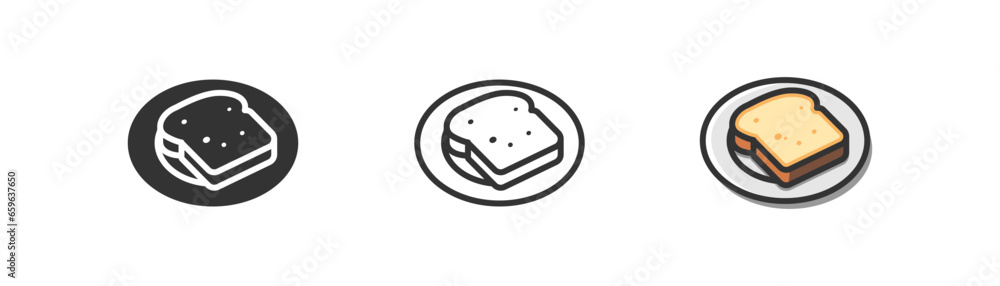 Toast bread vector icon. Breakfast symbol. Plate with slice of toasted bread on plate, morning food. Outline, flat and colored style icon for web design. Vector illustration.
