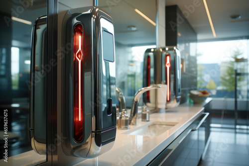 A restroom facility with modern touchless faucets and soap dispensers, emphasizing the importance of touch-free hygiene solutions. Concept of touchless technology. Generative Ai. © Sebastian