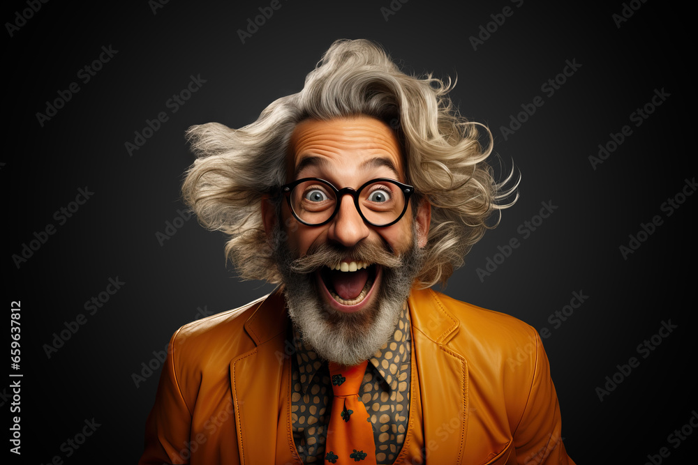 Eccentric expressive man with prominent beard and mustache, tousled hair, and bulging eyes, dressed in vintage style and laughing.