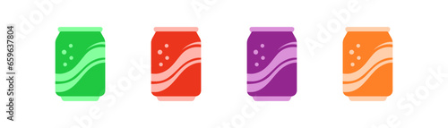 Soda in can icon set. Cold beverage symbol. Soda in colored aluminium cans, carbonated non alcoholic water with different flavors . Flat colored style icon for web design. Vector illustration.