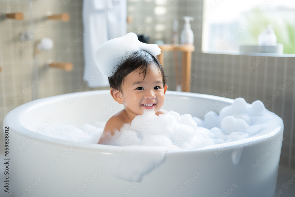 bath time, little asian child boy taking bubble bath in beautiful bathroom, Kids hygiene, Shampoo, hair treatment and soap for children, Kid bathing in large tub , foam in hair - obrazy, fototapety, plakaty 