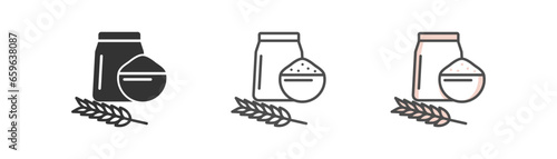 Wheat pack icon. Paper bag of bread flour, baking symbol. Healthy organic food, farming agriculture, eco product, soy, bean powder. Outline, flat and colored style icon. Vector illustration.